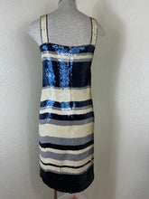 Load image into Gallery viewer, Tory Burch Edna Sequin Dress Navy Ivory Striped Shift Mini Small 0 2 4