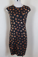 Load image into Gallery viewer, Alexander McQueen Swallow Bird Print Gold Black Bodycon Dress Small to M 6 7 8