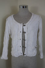 Load image into Gallery viewer, Vintage CHANEL White KNitted Cropped Rayon CC Sweater Cardigan Jacket Stained Medium 44 8 10 12