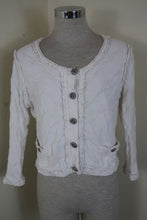 Load image into Gallery viewer, Vintage CHANEL White KNitted Cropped Rayon CC Sweater Cardigan Jacket Stained Medium 44 8 10 12