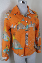 Load image into Gallery viewer, Vintage VERSACE Jeans Couture Native American Horse Print Orange Cotton Long Sleeve Top Shirt Small 2 3 4