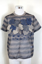 Load image into Gallery viewer, Brunello Cucinelli FLoral Patch Mesh Short SLeeve Silk Blue Top Blouse Shirt Medium 6 7 8