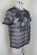 Load image into Gallery viewer, Brunello Cucinelli FLoral Patch Mesh Short SLeeve Silk Blue Top Blouse Shirt Medium 6 7 8