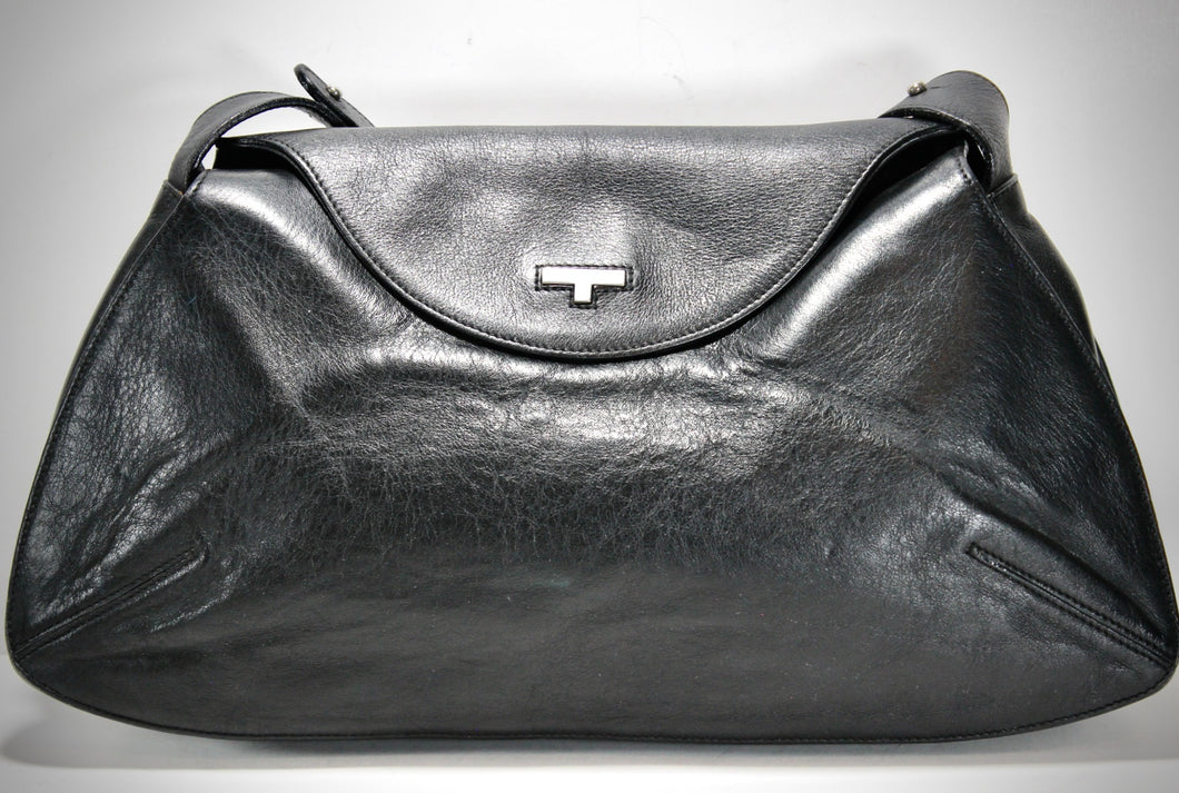 A. TESTONI Black Calfskin Leather Shoulder Bag Hand Bag Adjustable Strap Italy