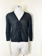 Load image into Gallery viewer, Max Mara Studio Black Ruffled Linen Cardigan Knit Sweater Sheer V-Neck Size S M 6 7 8