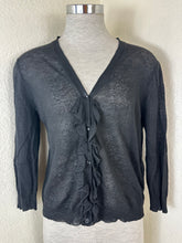 Load image into Gallery viewer, Max Mara Studio Black Ruffled Linen Cardigan Knit Sweater Sheer V-Neck Size S M 6 7 8
