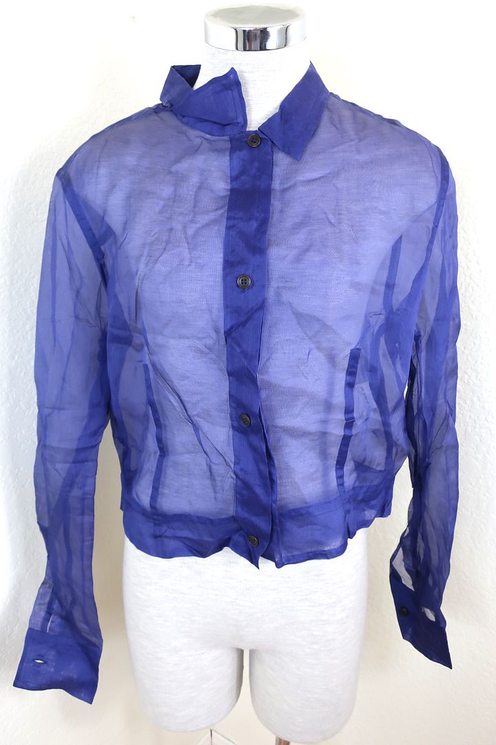 $1500 Vintage NWT GIANFRANCO FERRE Royal Blue Buttons Silk Mesh Cuff Sleeves Collared Top Shirt Blouse M L 7 8 10