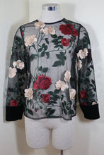 Load image into Gallery viewer, GANNI Embroidered Long Sleeve Mesh Black Red Floral Long Sleeve Top Small 38 S 4 5 6