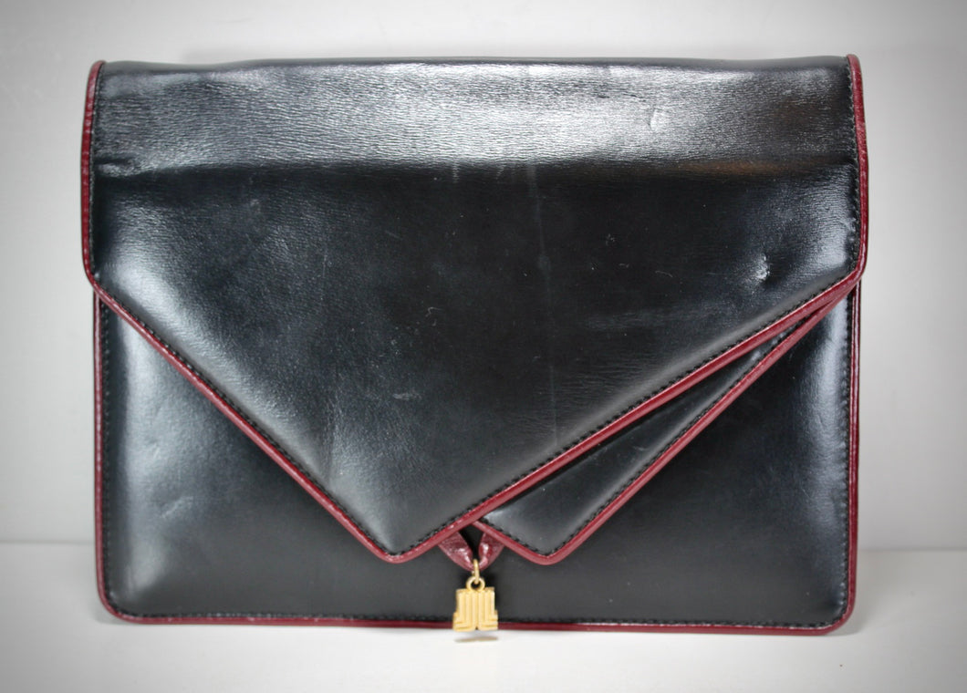 Vintage LANVIN Black Leather Clutch Bag Shoulder Bag Burgundy Trim