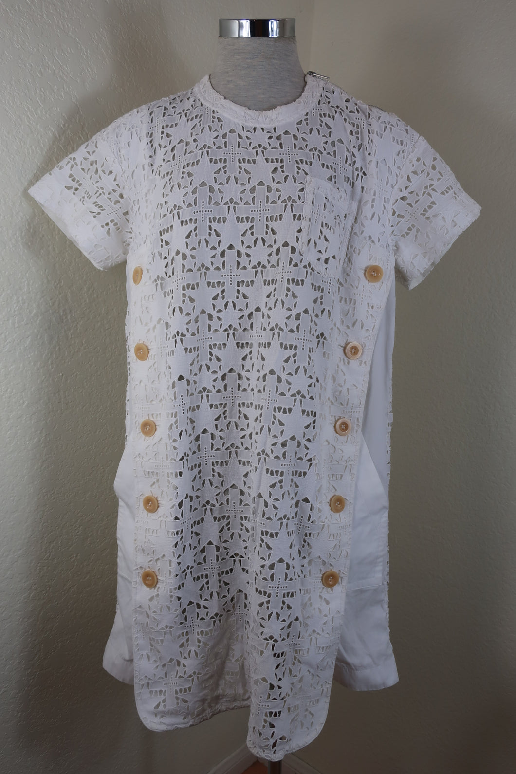 SACAI White Mesh Perforated Short Sleeve Cotton Dress Small 2 3 4