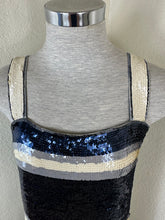 Load image into Gallery viewer, Tory Burch Edna Sequin Dress Navy Ivory Striped Shift Mini Small 0 2 4
