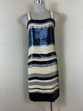 Load image into Gallery viewer, Tory Burch Edna Sequin Dress Navy Ivory Striped Shift Mini Small 0 2 4
