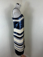 Load image into Gallery viewer, Tory Burch Edna Sequin Dress Navy Ivory Striped Shift Mini Small 0 2 4
