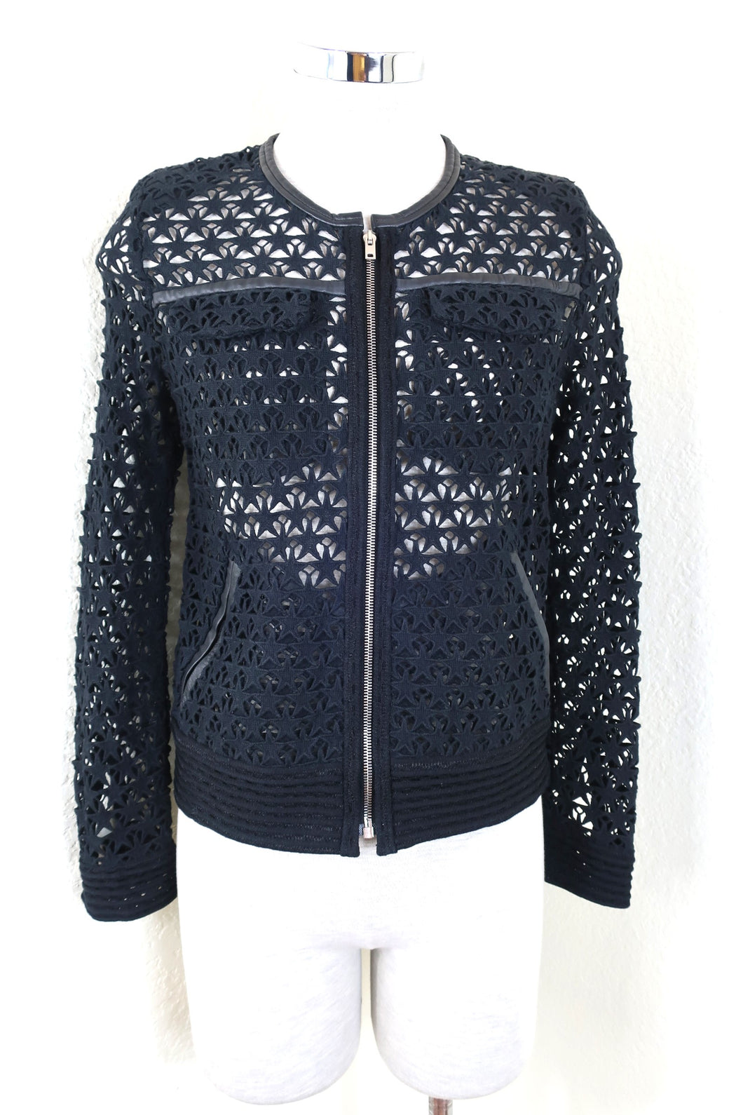 IRO Ostella Black Perforated W/ Leather Trim Bomber Jacket Zip XS Small 36 0 2 4