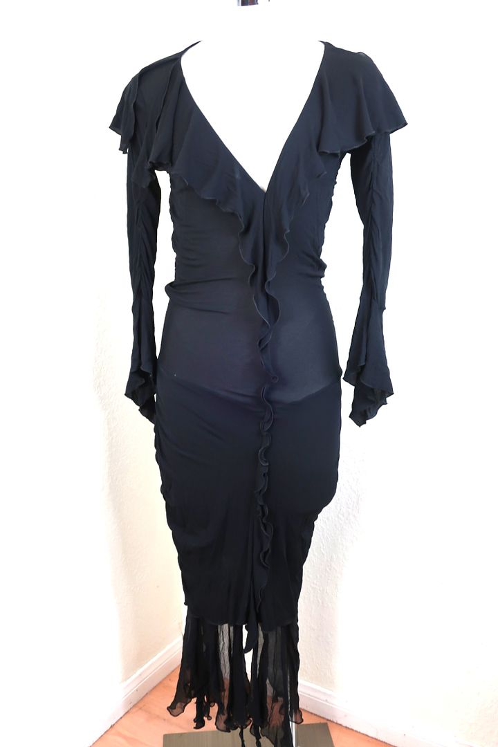 Vintage Emmanuel UNGARO Fuchsia Black Ruffled Nylon Gown Dress Holes Project Small 2 3 4