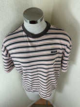 Load image into Gallery viewer, Prada Milano Brown Beige Horizontal Stripe Logo T-Shirt Size 38 XS S
