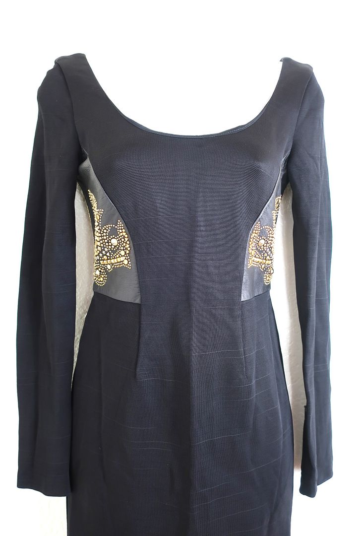 GIANNI VERSACE Black Gold Embellished Leather Accent Long SLeeve Bodycon Dress 38 2 4 6 Small