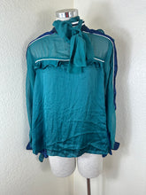 Load image into Gallery viewer, SACAI Sheer Ruffle Mock Neck Blouse Emerald Green Size 3 M Large
