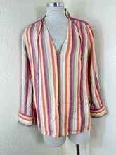 Load image into Gallery viewer, Louis Vuitton Striped Silk Cotton Blouse Top 40 M Quilted Padded Shoulder Cuff V-Neck Small Medium 6 7 8
