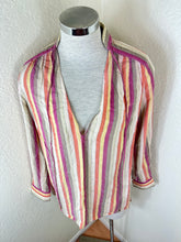 Load image into Gallery viewer, Louis Vuitton Striped Silk Cotton Blouse Top 40 M Quilted Padded Shoulder Cuff V-Neck Small Medium 6 7 8

