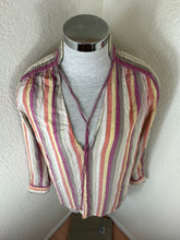 Load image into Gallery viewer, Louis Vuitton Striped Silk Cotton Blouse Top 40 M Quilted Padded Shoulder Cuff V-Neck Small Medium 6 7 8
