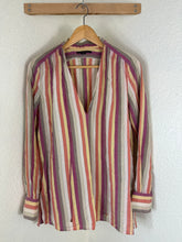 Load image into Gallery viewer, Louis Vuitton Striped Silk Cotton Blouse Top 40 M Quilted Padded Shoulder Cuff V-Neck Small Medium 6 7 8
