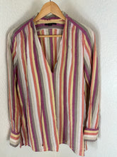 Load image into Gallery viewer, Louis Vuitton Striped Silk Cotton Blouse Top 40 M Quilted Padded Shoulder Cuff V-Neck Small Medium 6 7 8

