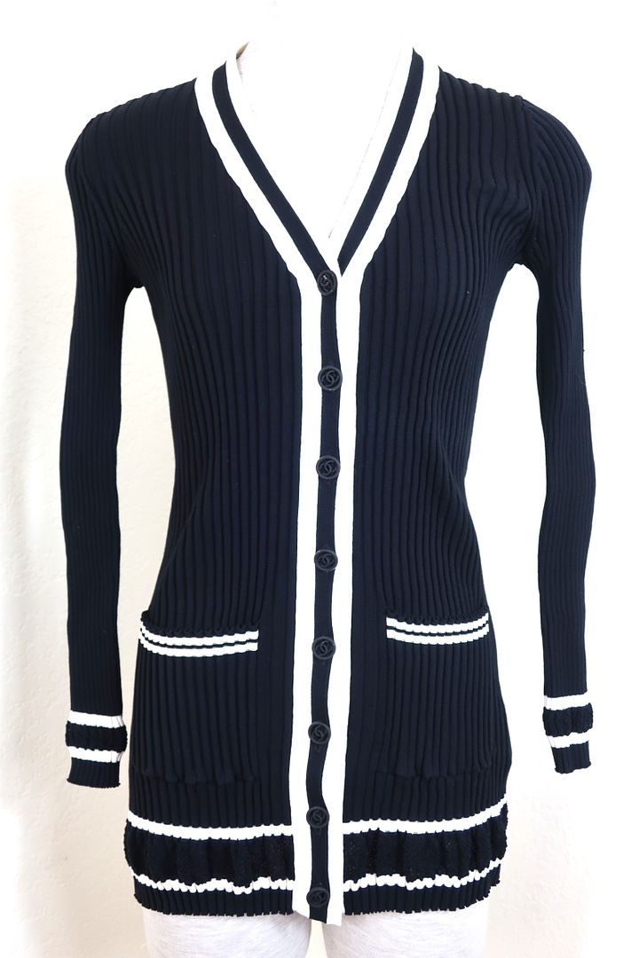 CHANEL Black and White Long Cotton Knitted Cardigan Sweater Jacket Small 36 2 4