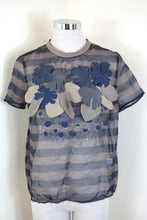 Load image into Gallery viewer, Brunello Cucinelli FLoral Patch Mesh Short SLeeve Silk Blue Top Blouse Shirt Medium 6 7 8
