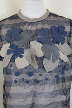 Load image into Gallery viewer, Brunello Cucinelli FLoral Patch Mesh Short SLeeve Silk Blue Top Blouse Shirt Medium 6 7 8
