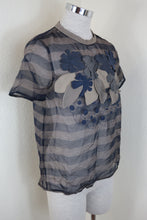 Load image into Gallery viewer, Brunello Cucinelli FLoral Patch Mesh Short SLeeve Silk Blue Top Blouse Shirt Medium 6 7 8
