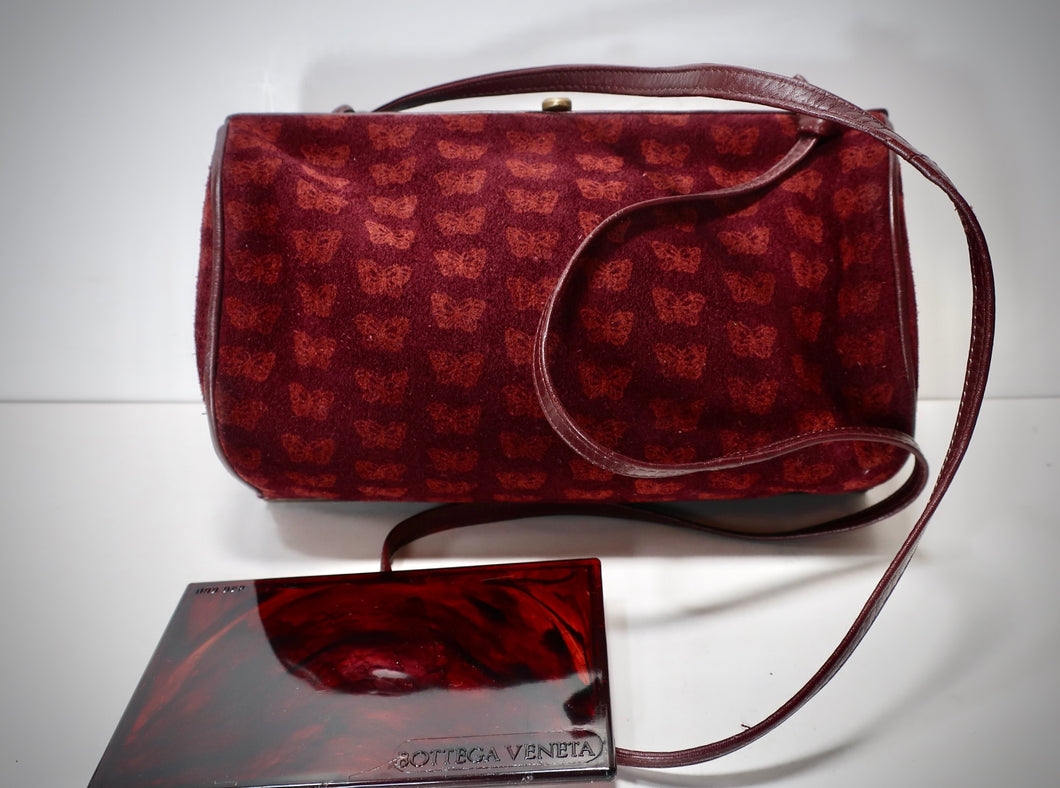 BOTTEGA VENETA Burgundy Suede Crossbody Frame Bag Hand Bag Butterfly Pattern