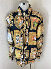 Load image into Gallery viewer, 90s Moschino Jeans Art Gallery Shirt Ruffle Framed Mona Lisa Picasso 46 Unisex S Man L Woman
