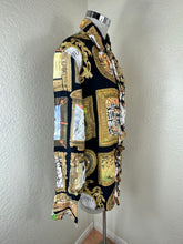 Load image into Gallery viewer, 90s Moschino Jeans Art Gallery Shirt Ruffle Framed Mona Lisa Picasso 46 Unisex S Man L Woman
