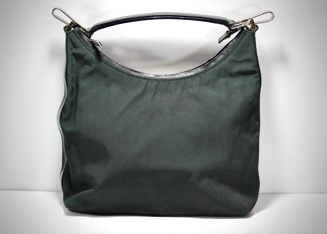 GUCCI Black Nylon Hobo Handbag Leather Trim Zip Top Italy