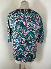 Load image into Gallery viewer, Dries Van Noten Patterned Crew Neck Top Pink Green Geometric Silk Blend Sz 40 Small Med
