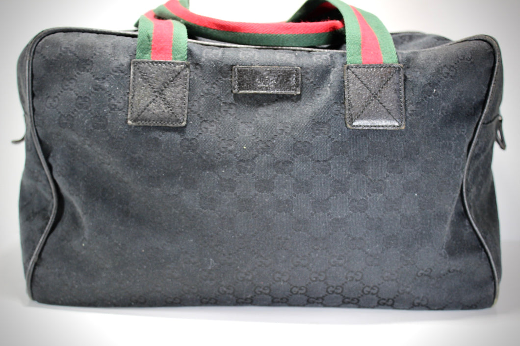 Vintage GUCCI Black Canvas GG Soft Duffle Bag Travel Bag Stripe Handle Italy