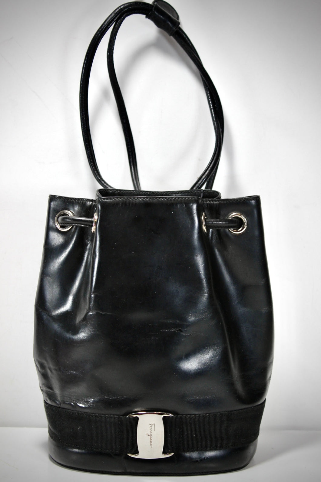 SALVATORE FERRAGAMO Black Leather Vara Drawstring Backpack Bag Italy
