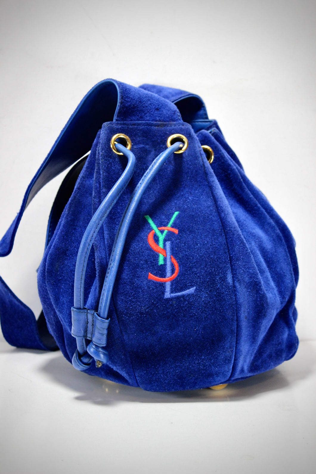 YSL YVES SAINT LAURENT Blue Suede Drawstring Shoulder Bag Bucket Bag France