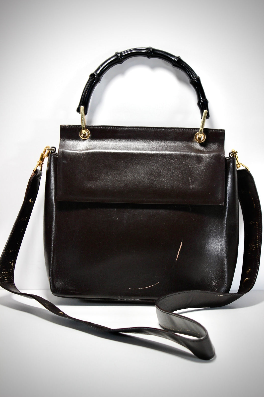 Vintage GUCCI Dark Brown Leather Handbag Bamboo Handle Crossbody Strap Italy