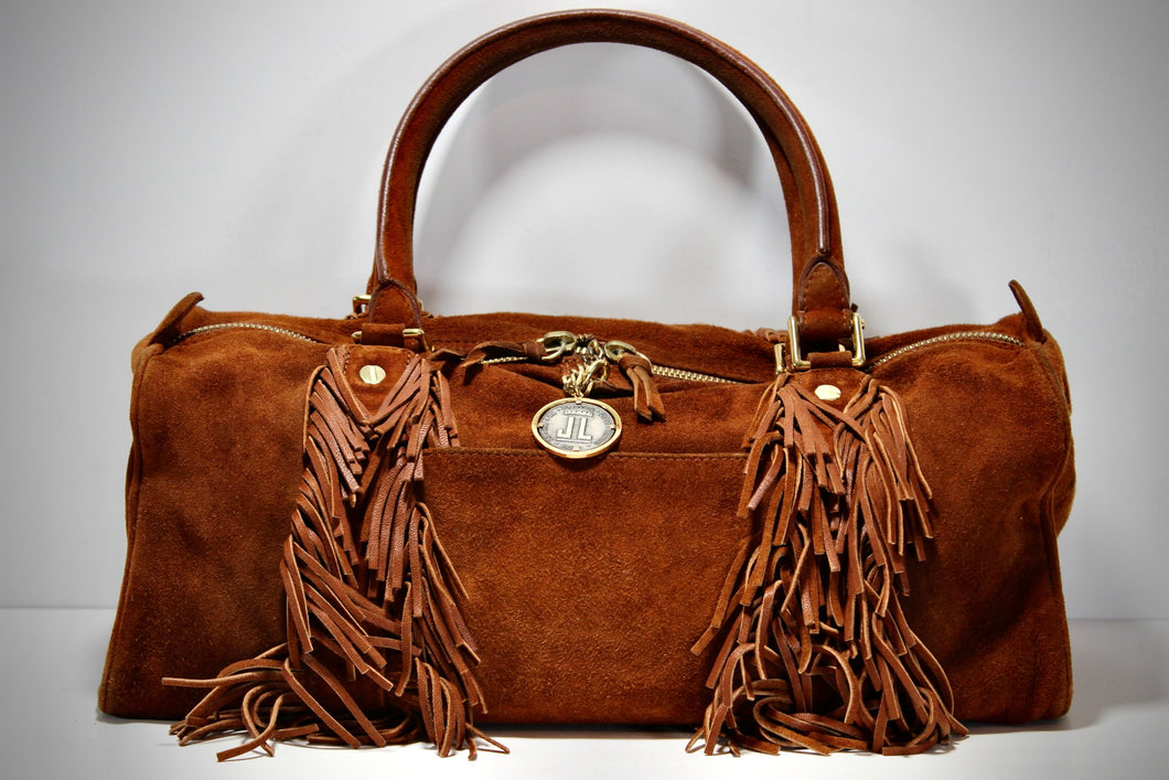 LANVIN Brown Suede Leather Handbag with Fringe Dual Handle Change Purse