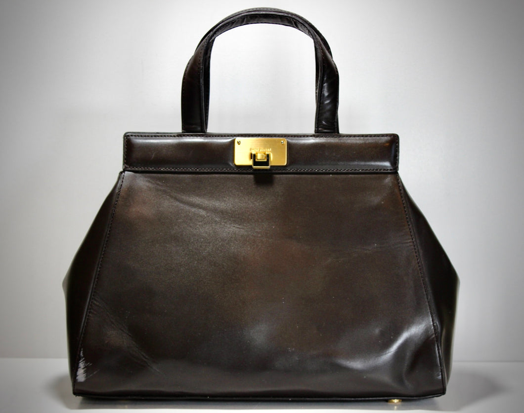 BIKER STARLET Brown Leather Hand Bag Box Bag Double Handle Bottom Studs