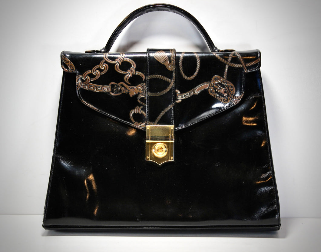SANDRA ROBERTO Black Leather Embossed Hand Bag Box Bag Top Handle