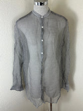 Load image into Gallery viewer, Dries Van Noten 100% Silk Sheer Striped Button Up Shirt Size 46 Gray White Luxury Women Large Men Small
