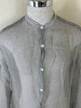 Load image into Gallery viewer, Dries Van Noten 100% Silk Sheer Striped Button Up Shirt Size 46 Gray White Luxury Women Large Men Small
