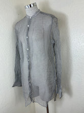 Load image into Gallery viewer, Dries Van Noten 100% Silk Sheer Striped Button Up Shirt Size 46 Gray White Luxury Women Large Men Small

