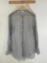Load image into Gallery viewer, Dries Van Noten 100% Silk Sheer Striped Button Up Shirt Size 46 Gray White Luxury Women Large Men Small
