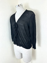 Load image into Gallery viewer, Max Mara Studio Black Ruffled Linen Cardigan Knit Sweater Sheer V-Neck Size S M 6 7 8
