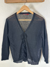 Load image into Gallery viewer, Max Mara Studio Black Ruffled Linen Cardigan Knit Sweater Sheer V-Neck Size S M 6 7 8
