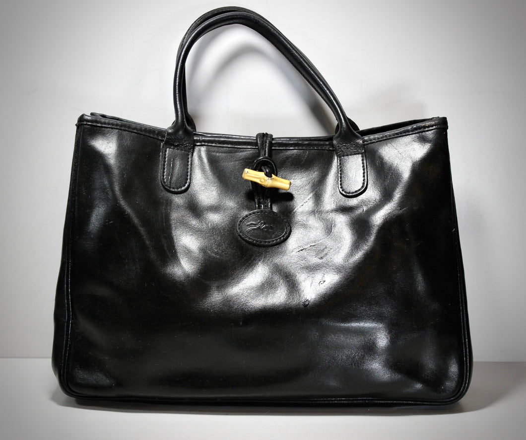 LONGCHAMP Roseau Black Leather Tote Bag Hand Bag Dual Handle France